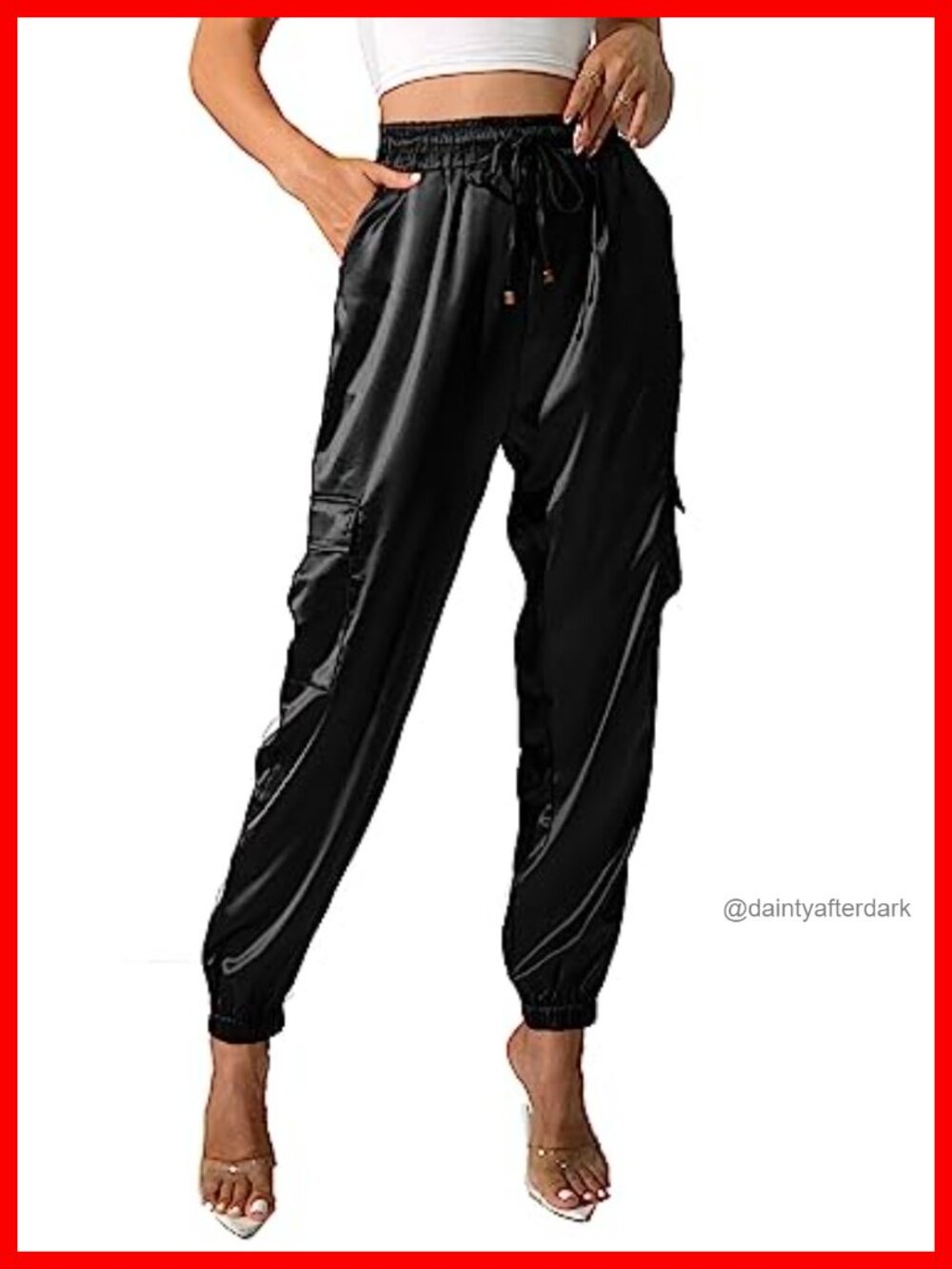 Satin Cargo Joggers Women High Waist Drawstring Elastic Cuff Pants